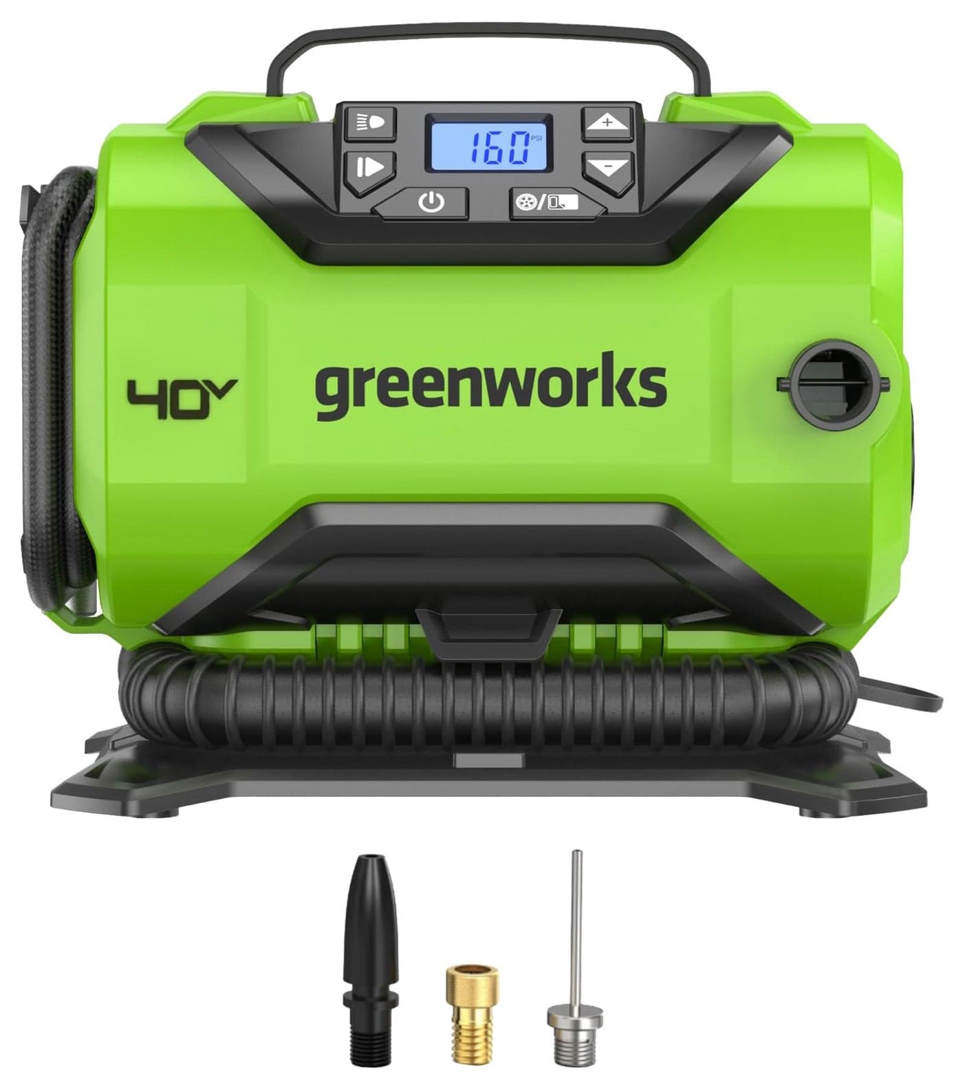 Greenworks 40V Cordless Tire Inflator, 160 PSI Portable Air Compressor, 2 Power Sources, Auto Shut Off, for Car, Bicycle, Motorcycle, Air Boat, Inflatables, Tool Only