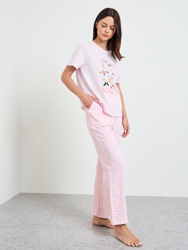 Styli Pink Graphic Dog Print T-Shirt and Checked Pyjama Set