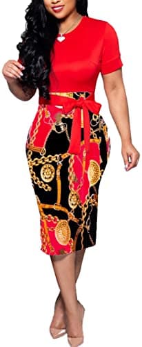 BOGURST Women Elegant Church Dresses Short Sleeve Casual Floral Prints Pencil Dress Red