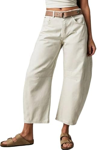 Womens Stretchy Mid Rise Barrel Jeans Vintage Loose Wide Leg Cropped Denim Pants Y2k Baggy Boyfriend Jeans (Medium,Ivory)