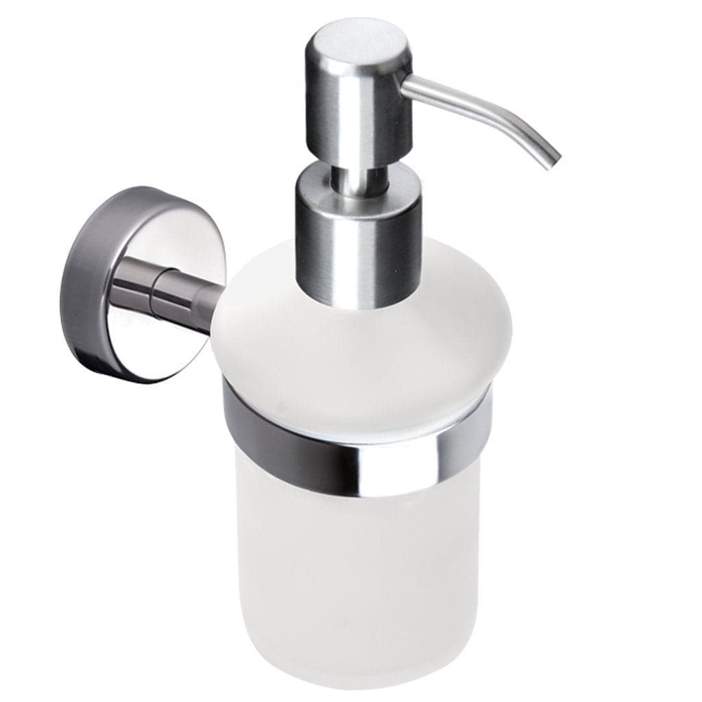 Kapitan Liquid Soap Dispenser and Holder Frosted Glass Wall Mounted Stainless Steel AISI 304 1810 Polished Finish Made in EU 20 Years Warranty