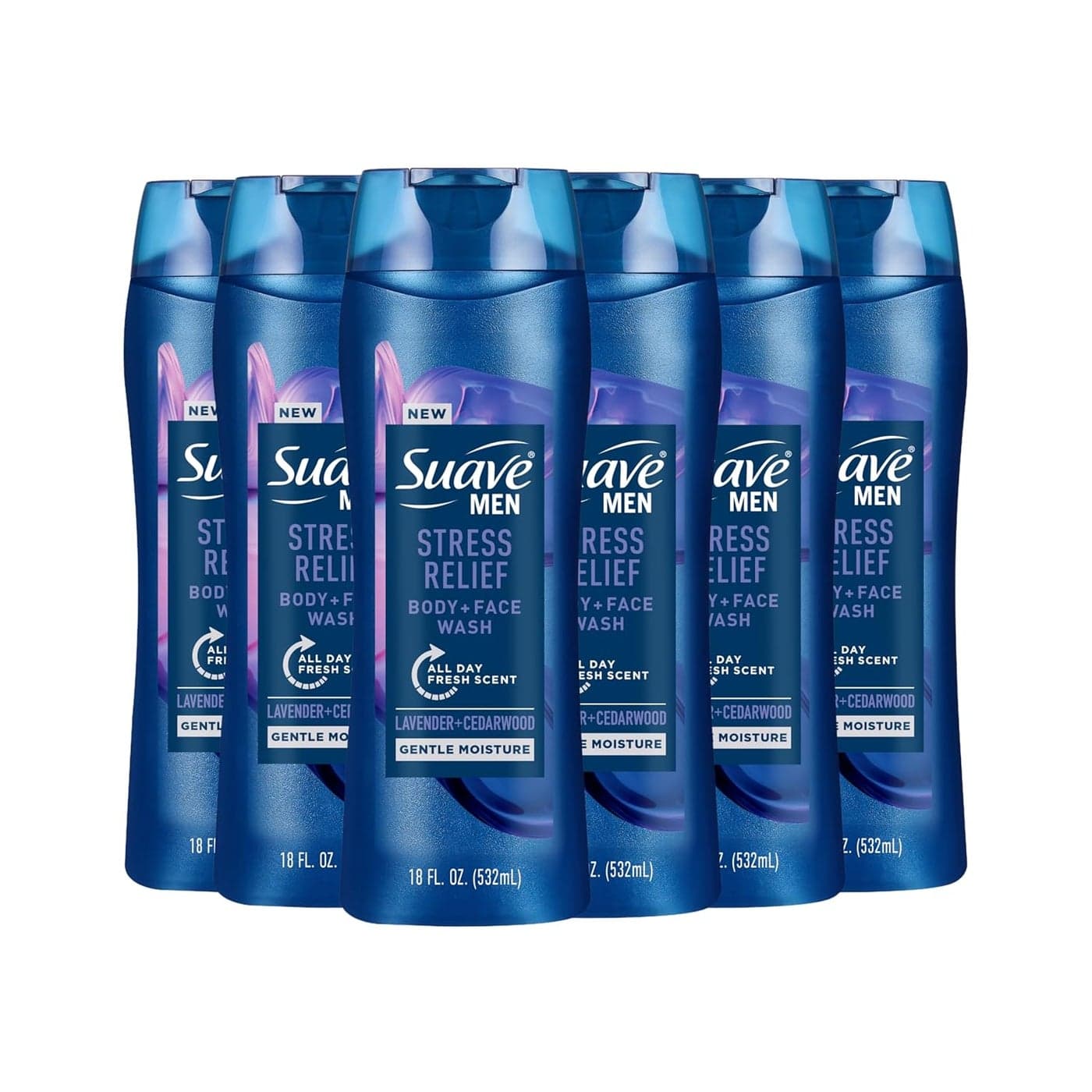 Suave Mens Stress Relief Body Face Wash Gentle Moisture with Lavender Cedarwood All Day Fresh Scent 18 oz 6 Pack