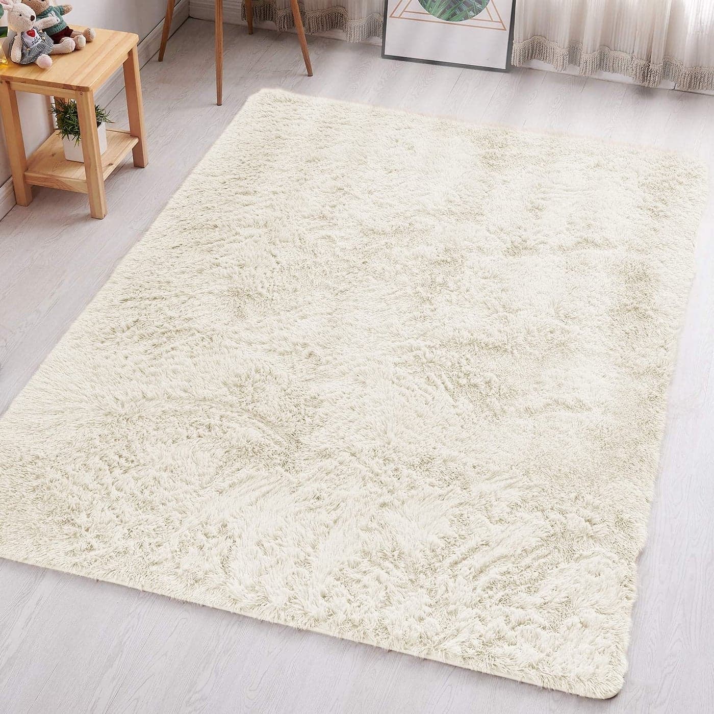 Aspire Homeware Fluffy Bedroom Rug Cream Lounge Area Rugs 80x150 cm for Living Room Large Plush Carpet Modern Soft Shaggy Pile Faux Fur Rug for Home