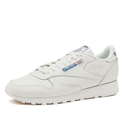 Reebok Classic Leather Sneakers for Men - Black or White Tennis Mens Shoes, Chalk/Vector Blue/Vector Red, 10.5