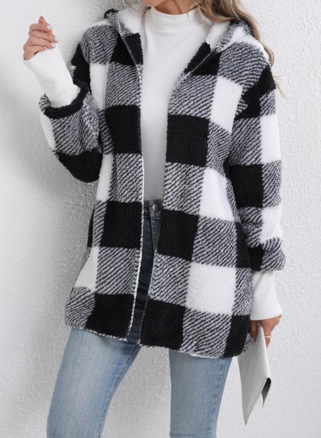 Take Two Checked Long Sleeve Zip Up Hooded Coat