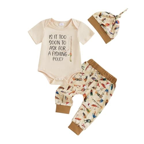 GOOCHEER Newborn Baby Boy Clothes Fishing Short Sleeve Romper Shirt Tops Pants Summer Spring Outfits Hat Set (Beige, 0-3 Months)