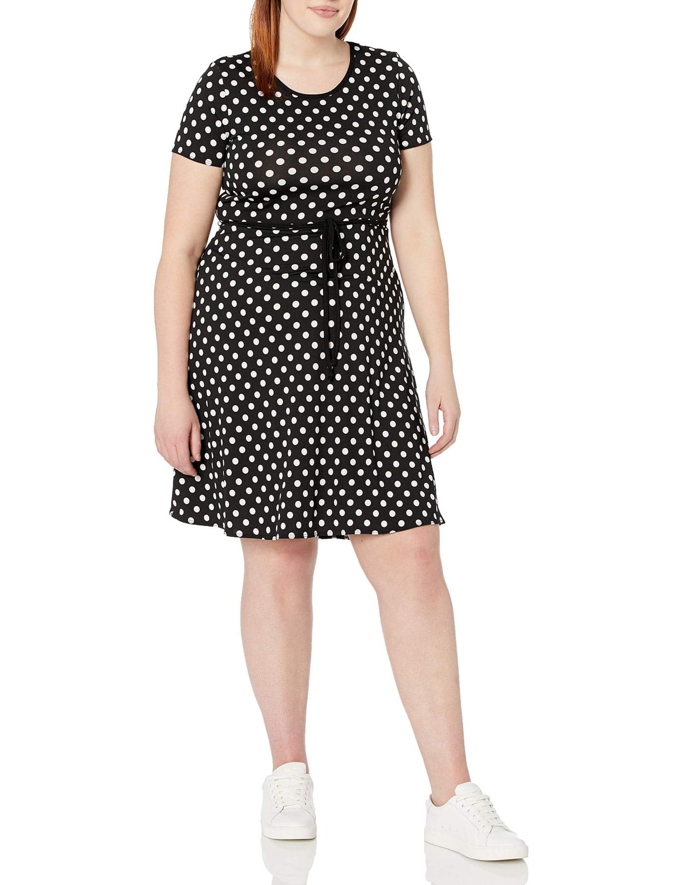 Star Vixen Women's Plus-Size Short Sleeve Tipped Skater Dress with Tie Belt, Black/White Dot, 1X