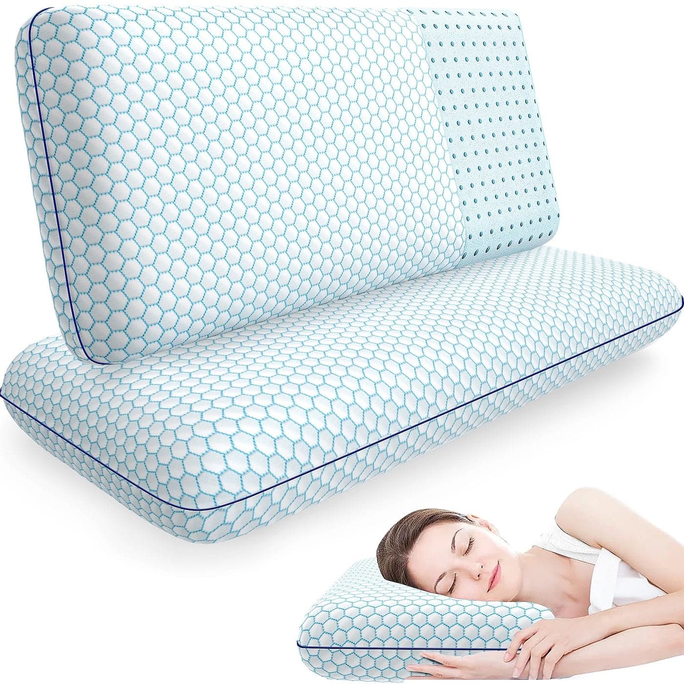 CushyOasis Memory Foam Pillows for Side Back and Stomach Sleepers Set of 2 Bed Pillow with Washable Cover and Breathable Mesh Bed Pillow for Sleeping BlueKing Size