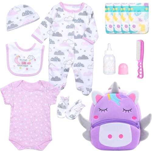12 Pcs Reborn Baby Doll Clothes for 1822 Inch Reborn Dolls Clothes Accessories Purple Big BackpackDiapers Bottle