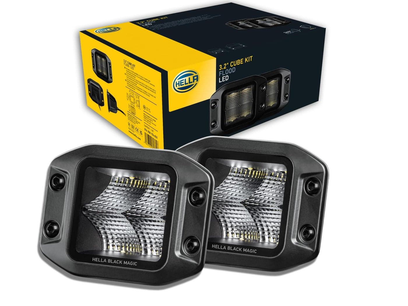 Hella 1FA 358 176-831 LED Headlight Black Magic Cube Kit 3.2 Inch 12/24 V Mounting Cable 500 mm Connector German Plug Set