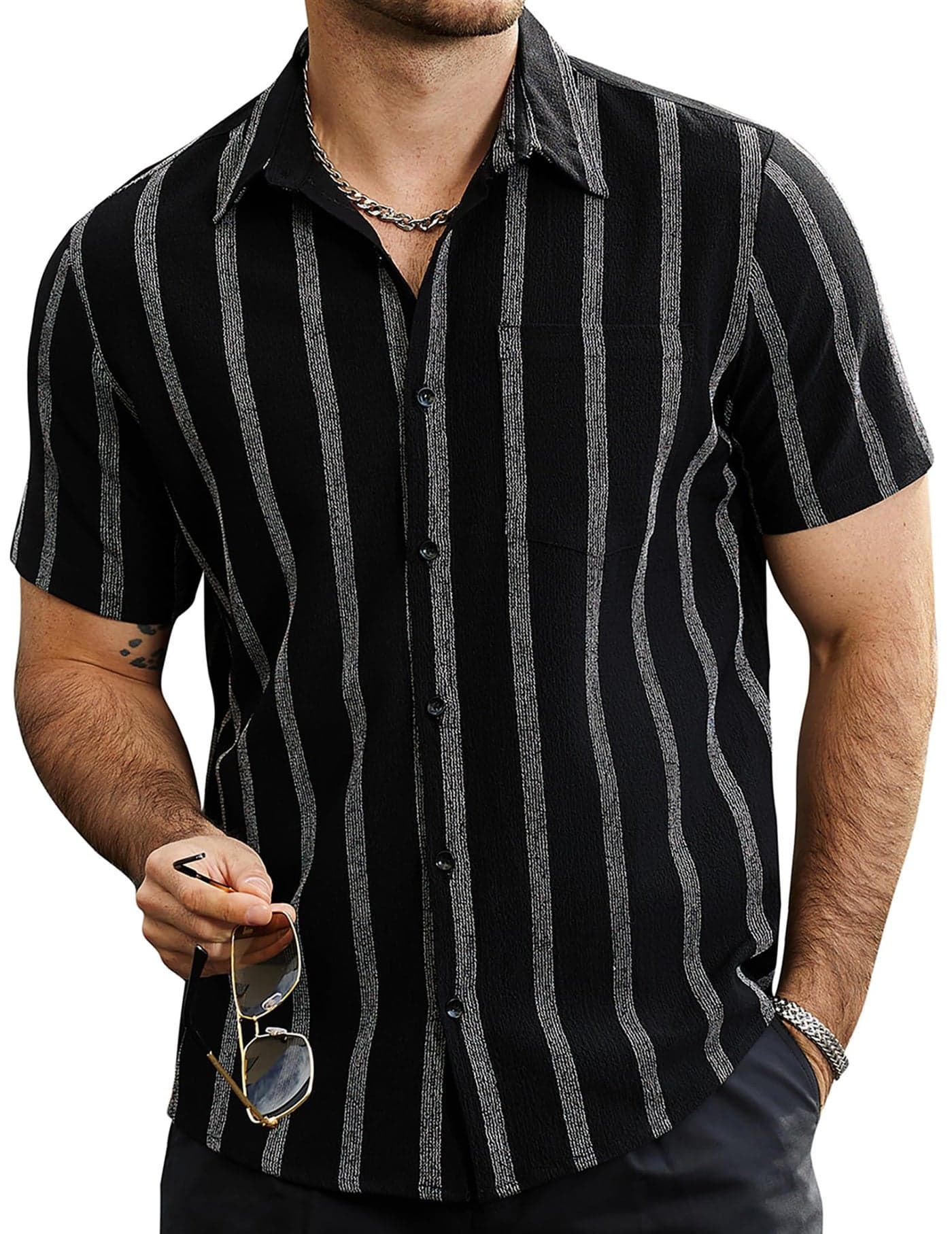 VATPAVE Mens Summer Striped Shirts Button Down Short Sleeve Vintage Beach Hawaiian Shirts with Pocket XX-Large Black Tropical
