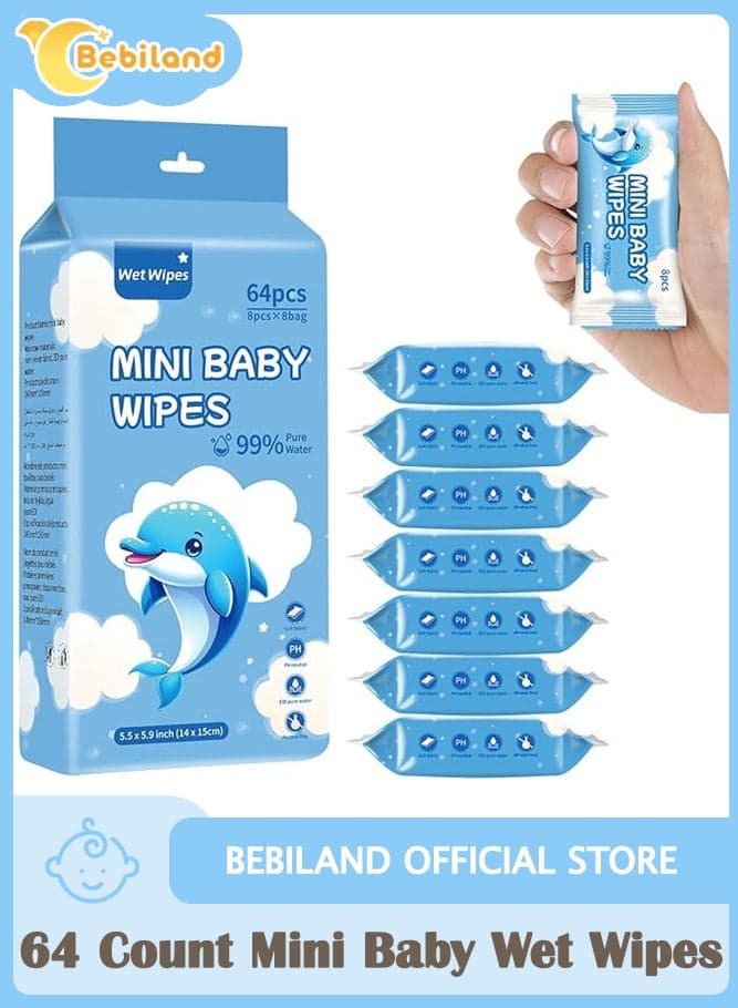 64 Count Mini Baby Wet Wipes,8pcs/pack Individually Wrapped, 99% Pure Water, Hypoallergenic, Eco-Friendly, and Perfect for Newborns and On-the-Go Families