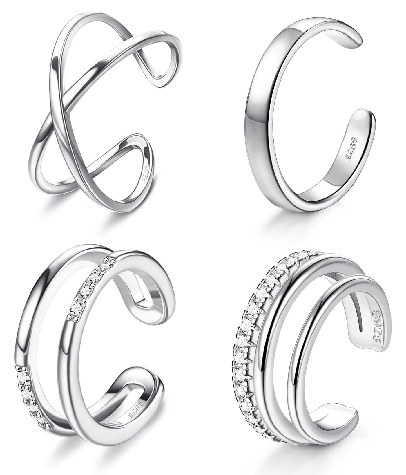 JeryWe 4 Pcs 925 Sterling Silver Ear Cuff for Women Non Piercing Adjustable Ear Cuff Earrings Clip On Cartilage Helix Wrap Ear Jewelry Set Sliver