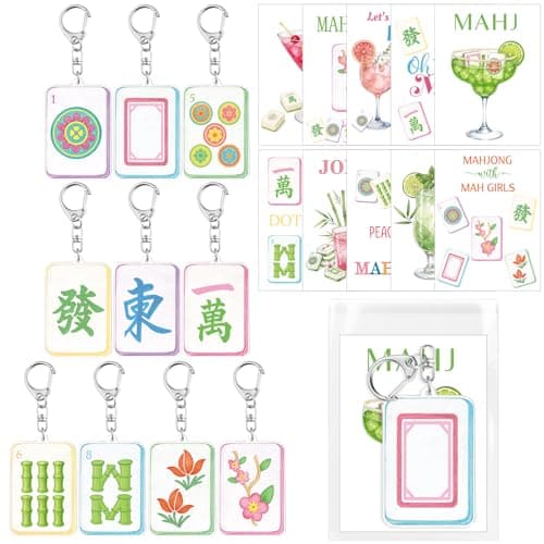 Kigeli 20 Sets Acrylic Mahjong Tile Keychains with Cocktail Card and Cellophane Bags Funny Mahjongs Trinkets Gifts for Women Men Nights Mahjong Night Lovers Party Favors Supplies 10 Styles