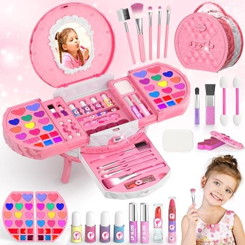 PERRYHOME Kids Makeup Kit for Girl 59 Pcs Washable Real Cosmetic Set with Mirror NonToxic Kids Makeup Set Toddler Nail Polish Kit Princess Makeup Toys Birthday Gifts for 312 Years Old Pink