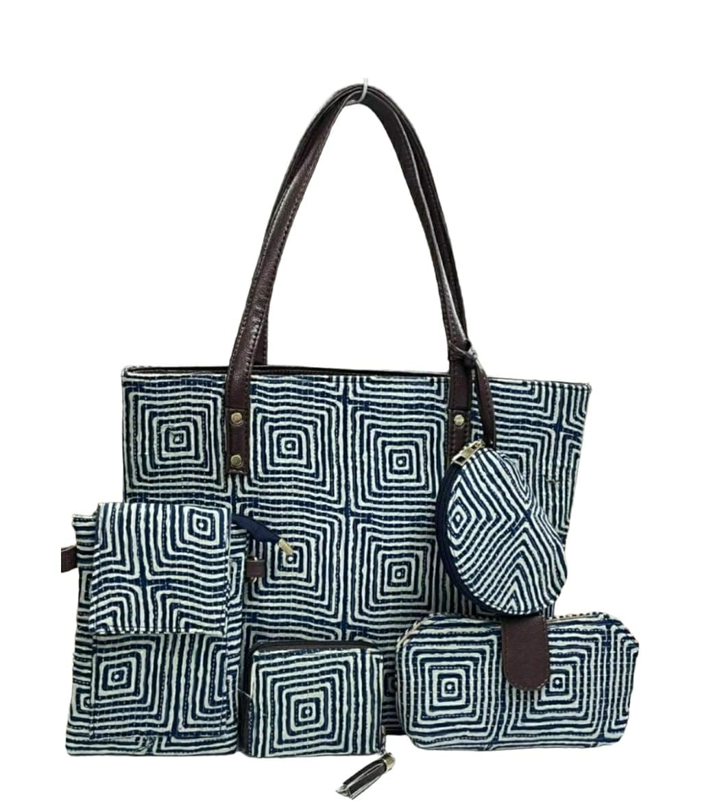 SHIVKARI Women's Ladies Traditional Ikkat Cotton 5 Pieces Combo Bag - Blue