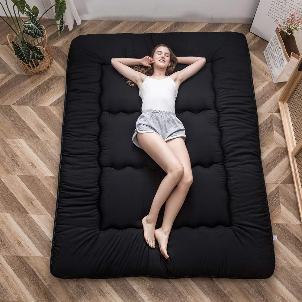 MAXYOYO Japanese Floor Mattress Futon Mattress 4 Thicken Tatami Mat Sleeping Pad Foldable Roll Up Mat Boys Girls Dormitory Pad Kids Floor Lounger Pillow Bed Black Full
