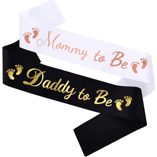 MUMUNN 2PCS Mommy To Be Daddy To Be Baby Shower Sash Baby Shower Party Gifts for New Mom Dad Gender Reveal Supplies Decorations Favors White Gold