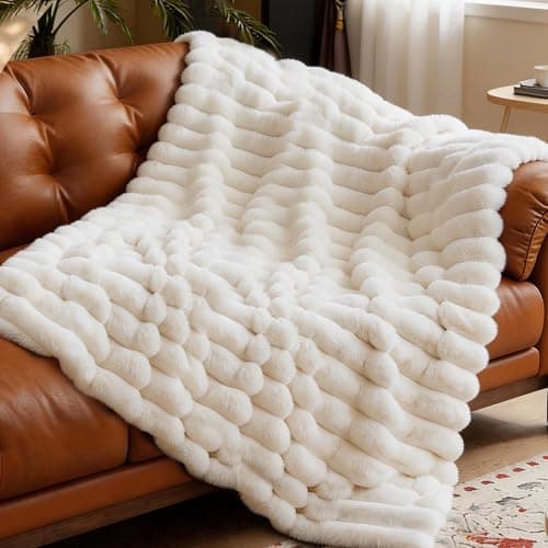 VFROO Faux Fur Throw Blanket for Couch,Cozy Soft Plush Thick Striped Luxury Blanket for Sofa Living Room Bedroom,50 * 60 Inches, White