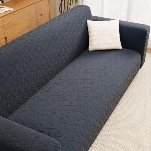 Lukzer 4 Seater Pastel Marine Blue Basket Weave Pattern Sofa Cover | 240 GSM Universal Stretch Fit Jacquard Fabric Couch Protector | Fully Covered Anti Slip & Washable Sofa Cover (230-300cm/SC-117-04)