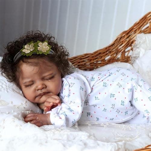 WOOROY Realistic Reborn Baby Dolls Black - 20-Inch African American Sleeping Newborn Dolls with Weighted Cloth Body and Soft Hand-Rooted Curly Hair with Accessories Gift Set for Kids Age 3+