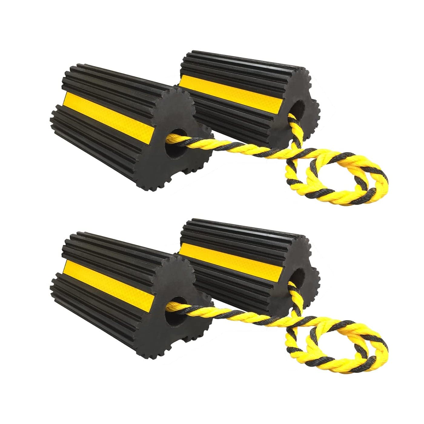 HOXWELL 2 Pair Rubber Heavy Duty Dual Wheel Chocks Front and Back RV Leveling Blocks Non Slip Base with Nylon Rope Yellow Reflective Tape for Travel Trailers Car Camper Truck 4 Pack