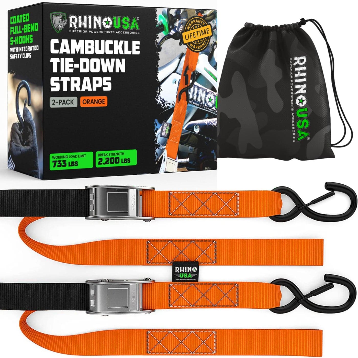 Rhino USA Motorcycle Tie Down Straps 2 Pack Lab Inspected 2200lb Break Strength Steel Cambuckle Tiedown Set with Integrated Soft Loops Better Than a Ratchet Strap Orange 2Pack