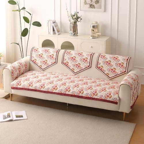 HOKIPO 'Florentina Series' Complete Sofa Cover Set (Seat+Back+Arm) for 3 Seater Sofa | Premium Holland Velvet Sofa Mat + Foam Filling + Anti-Slip Backing, Autumn Cream (IN-881+876 * 2+877 * 3-V3)