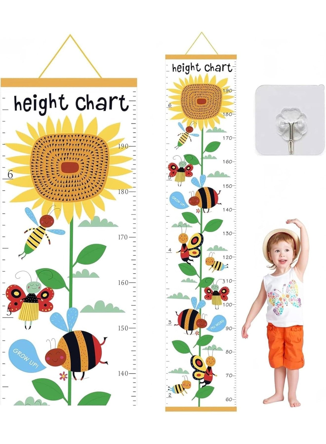 Kids Height Chart for Wall, Removable Canvas & Wood Growth Chart Ruler for Kids and Teens, Cute Nursery Wall Decor, Kawaii Height Measurement Chart for Baby Bedroom, Playroom and Living Room