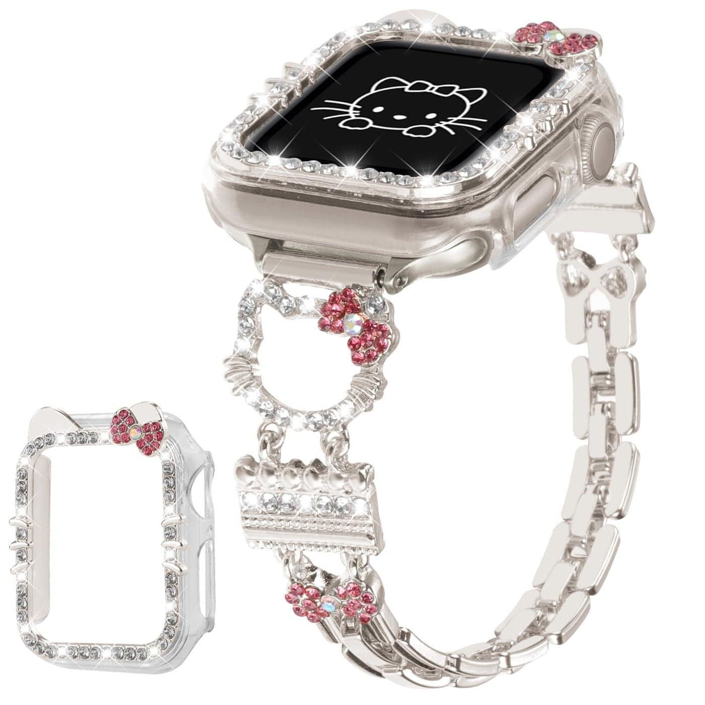 Bling Bracelet Band with Protector Case Compatible with Apple Watch Bands for Women iWatch Series 10 46 mm 42mmSeries 9 8 7 41mm 45mmSeries 6 5 4 SE 40mm 44mmCute Cartoon Dressy Jewelry Metal Strap Cartoon Kitty Starlight 41mm Series 9 8 7
