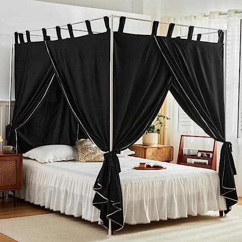 AIKASY Black Canopy Bed Curtains with Top Ties and Tie Backs for Bedroom Decoration - Queen Size Bed Curtains with Windproof and Lightproof Features