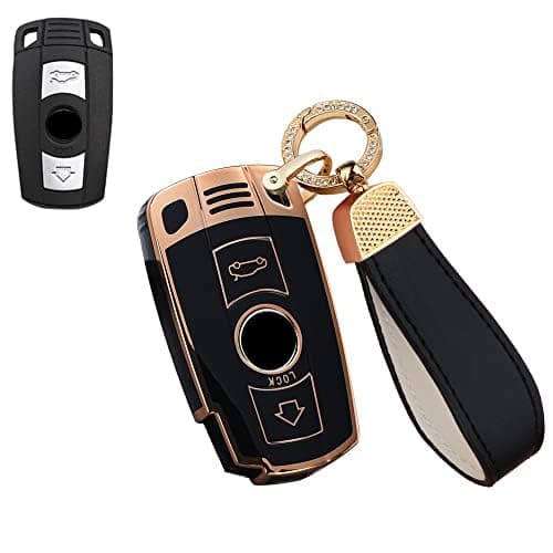 SANRILY GoldenEdge 2 Button Key Fob Cover for BMW F30 E90 E60 E70 E87 3 5 6 Series M3 M5 X1 X5 X6 Z4 Accessories Keyless TPU Key Case Shell with Bling Leather Keychain Black
