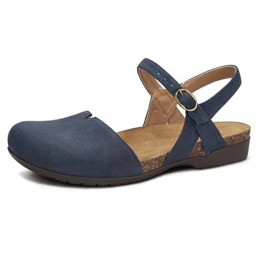 PARTY Closed Toe Sandals Women, Barefoot Arch Support Flat Sandals for Office Work and Travel with Comfortable Cork Footbed,NAVY,8
