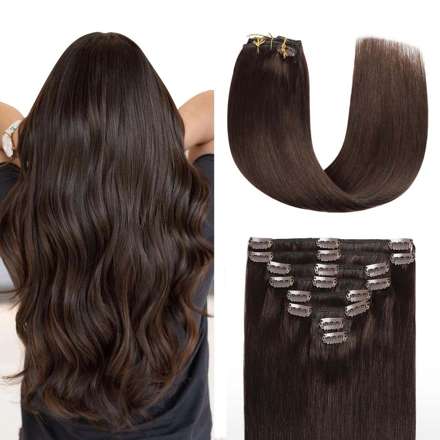 Sunya Clip in Hair Extensions Real Human Hair Chocolate Brown Human Hair Clip in Extensions Double Weft Brown Human Hair Clip ins Straight Hair Extensions Clip ins 12 Inch 4 8Pcs100g