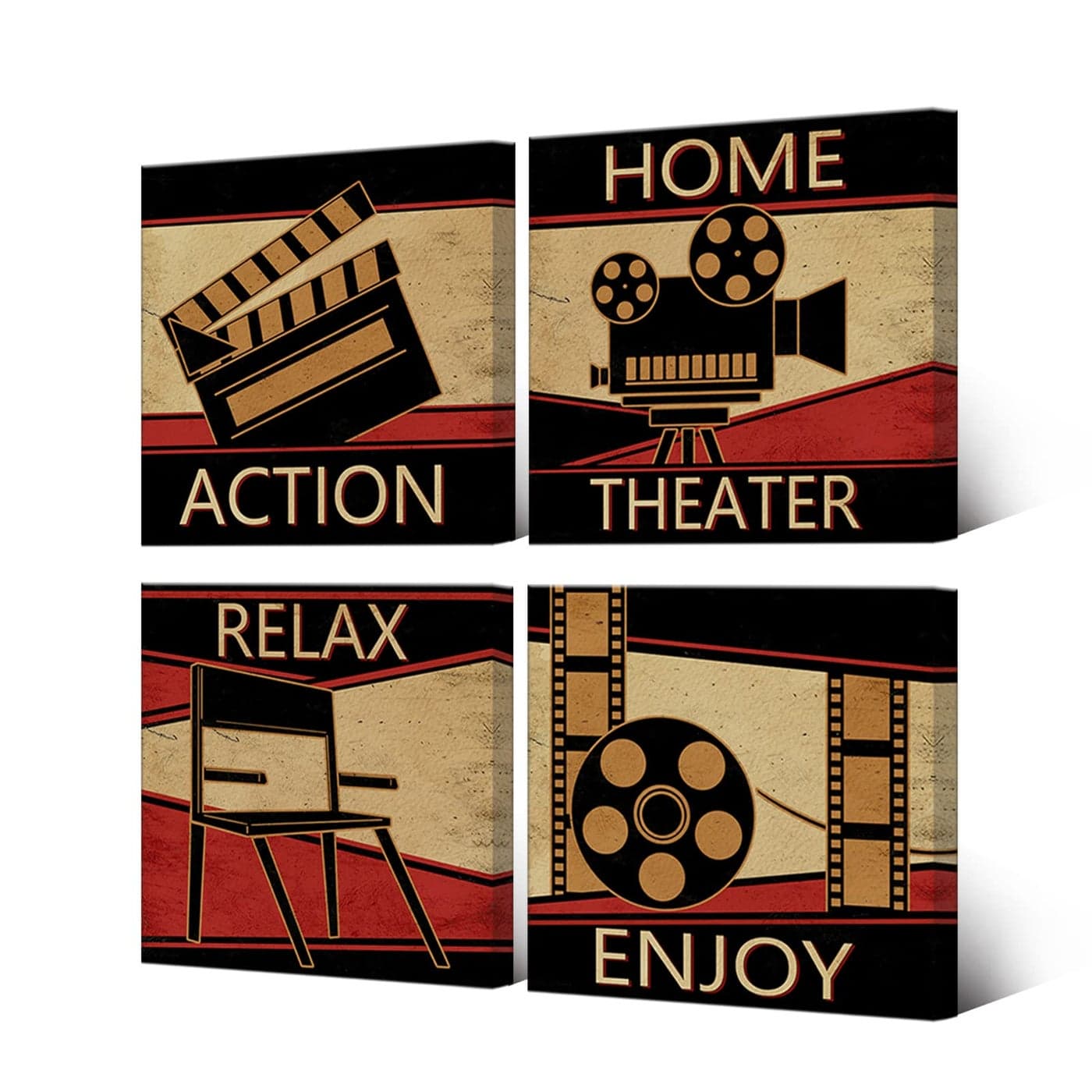 HOMEOART Home Theater Decor Canvas Wall Art Prints Movie Room Media Room Decor Framed Ready to Hang 12inx12inx4Pieces Vintage Brown