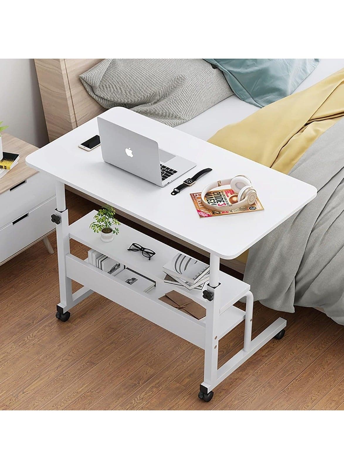 Multi-Tier Laptop Desk with Smooth and Lockable Wheels for Multi-Purpose White Walnut