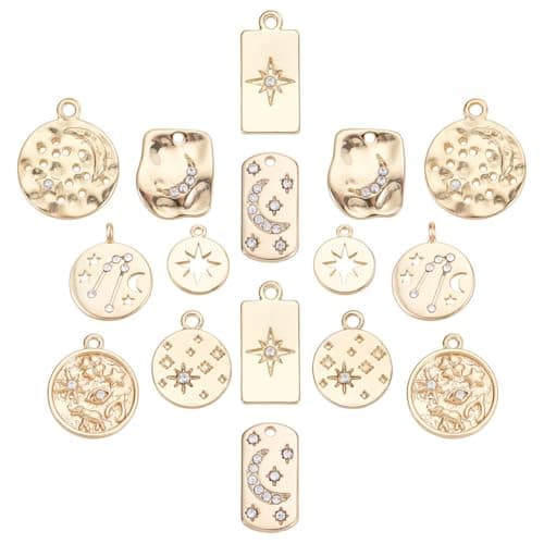 SUNNYCLUE 16Pcs 8 Styles 18K Gold Plated Alloy Rhinestone Charms Teardrop Round Rectangle with Moon Star Crystal Rhinestone Pendant for DIY Jewelry Making Craft Accessories