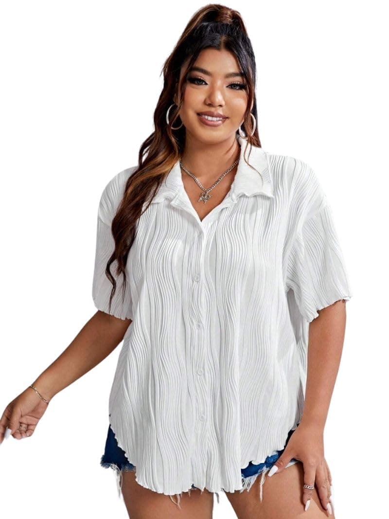 GRECIILOOKS-Women's Pleated Design Button Down Short Sleeve Casual Shirt for Summer (GL-W2315-M-WHITE)