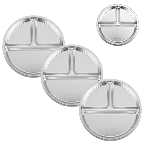 PandaEar 3 Pack Stainless Steel Divided Plates for Kids, 8.1” Portion Control Plates with 3 Compartments, Reusable Metal Dishes for Balanced Meals, Camping & Home Use (3, Silver)