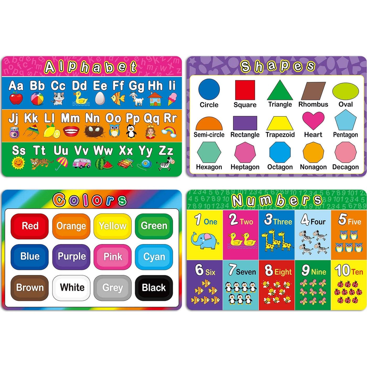 Patelai 4 Pcs Kids Placemats for Dining Table Educational Preschool Toddler Placematlearningnon Slipwashablereusableplasticfor Nursery Home Kindergarten ClassroomAlphabet Shape Color Number