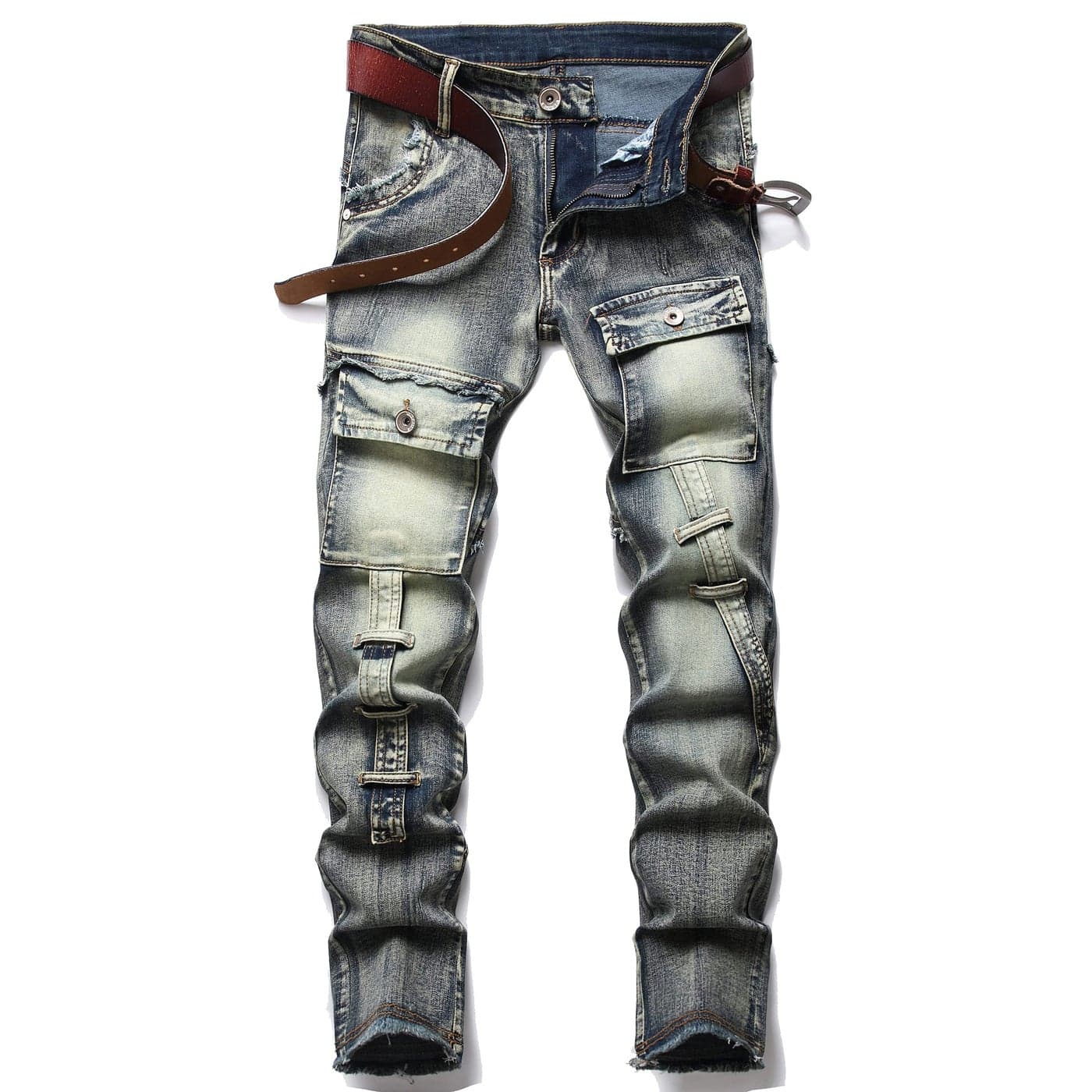 XIMXIMMTIAN Mens Biker Moto Washed Distressed Slim Fit Straight Jeans Denim 32 2126 Blue