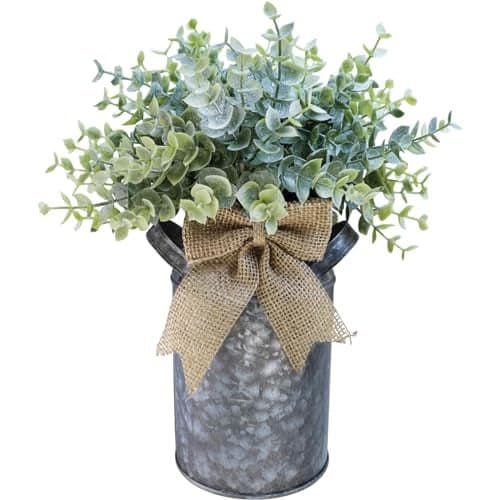 Winlyn Set of 1 Farmhouse Faux Eucalyptus Arrangement Centerpiece Rustic Galvanized Metal Milk Can Vase Artificial Eucalyptus Bushes Greenery Plants for Wedding Kitchen Home Indoor Table Shelf Décor