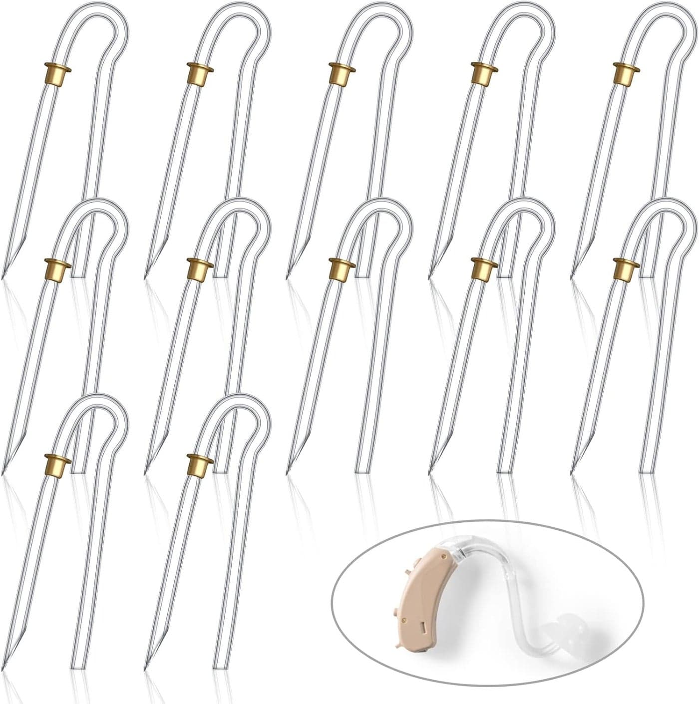 12 Pcs Hearing Aid Tubes Preformed BTE Earmold Tubing 35 x 2 mm Hearing Aid Replacement Tube with Gold Lock Amplifiers Ear Tubes