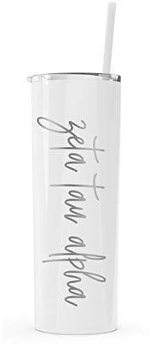 Go Greek Chic Zeta Tau Alpha Laser Engraved Skinny Tumbler with Straw (White)