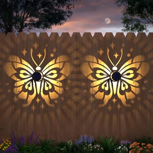 Hapjoy Solar Fence Lights 2 Pack Outdoor Deck Step Wall Lights Metal Waterproof LED Warm Yellow Light for Garden Post Patio Backyard Yard Decor ButterflyStar 2