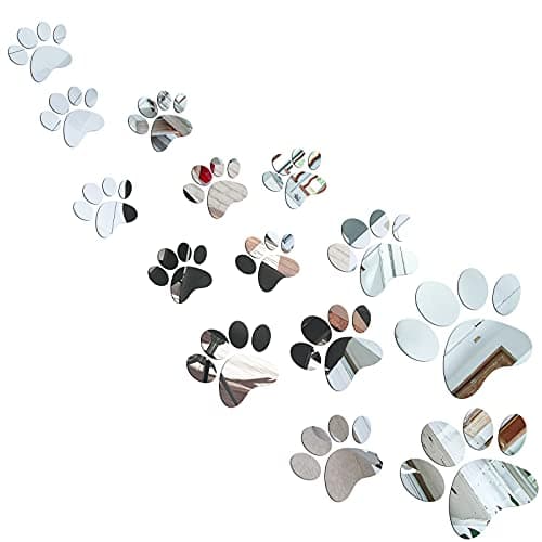 Tenare 14 Pieces Paw Mirror Decals Dog Footprints Stickers Acrylic Paw Stickers Removable Wall Decors Decoration of 3 Sizes for DIY Living Room Bedroom Art Nursery Mural Home DecorSilver