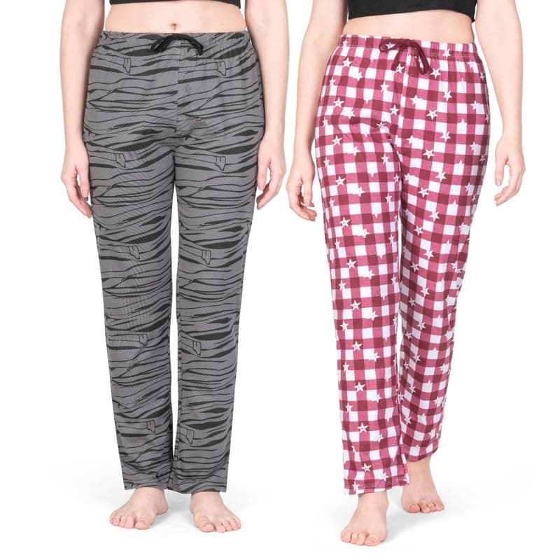 Real Basics Women's Cotton Printed Pyjama Pack of 2(RB-W-PJ(PS)-M-P2-(Grey+Red Check)_Multicolor_M)