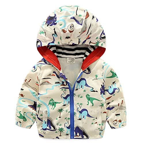 lymanchi Kids Baby Boy Casual Windbreaker Outerwear Dinosaur Printed Zipper Hooded Jackets Coat Beige Dinosaur 2T