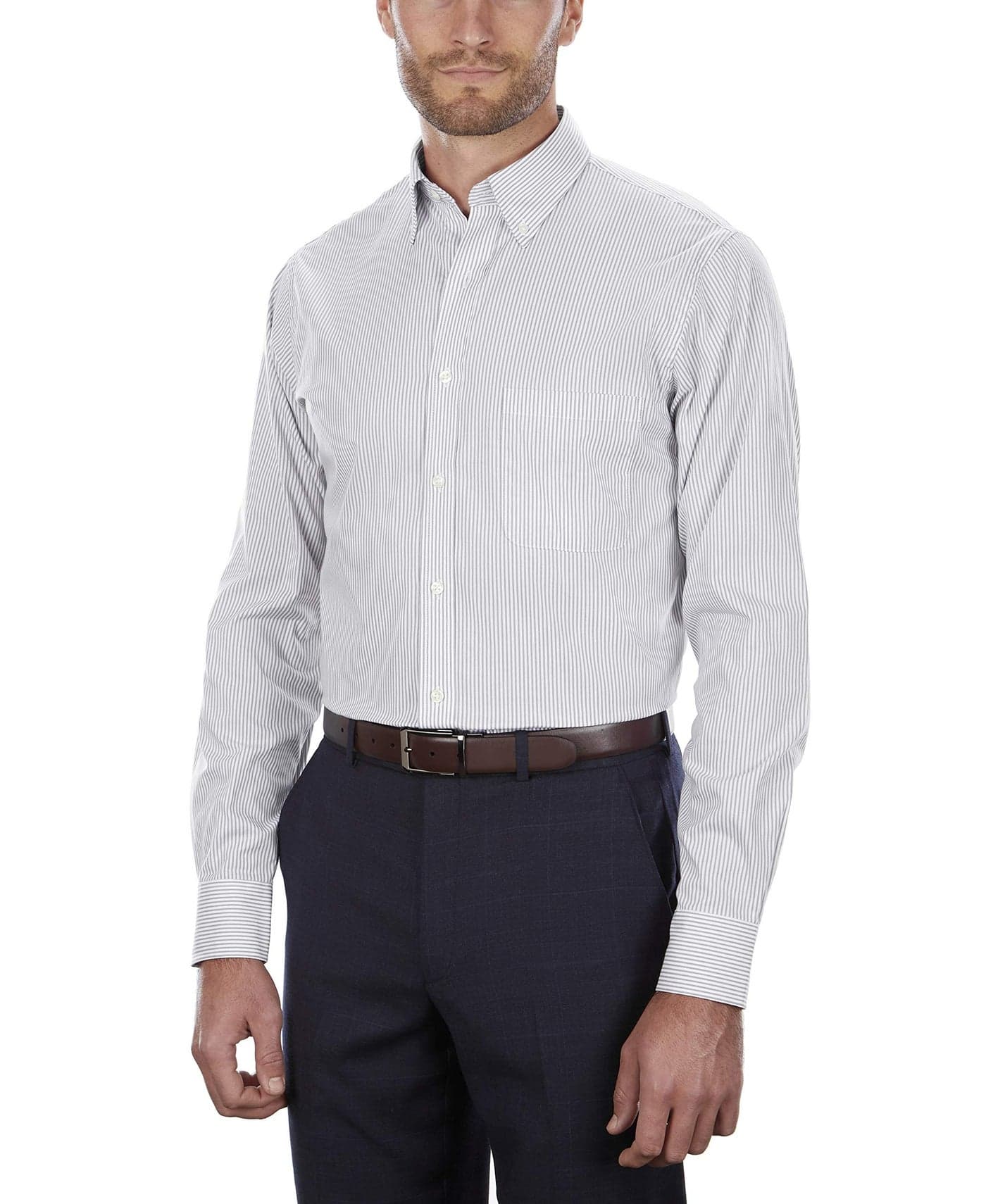 Van Heusen Men's Pinpoint Regular Fit Stripe Button Down Collar Dress Shirt Shirt, iced Grey, 18" Neck 36"-37" Sleeve