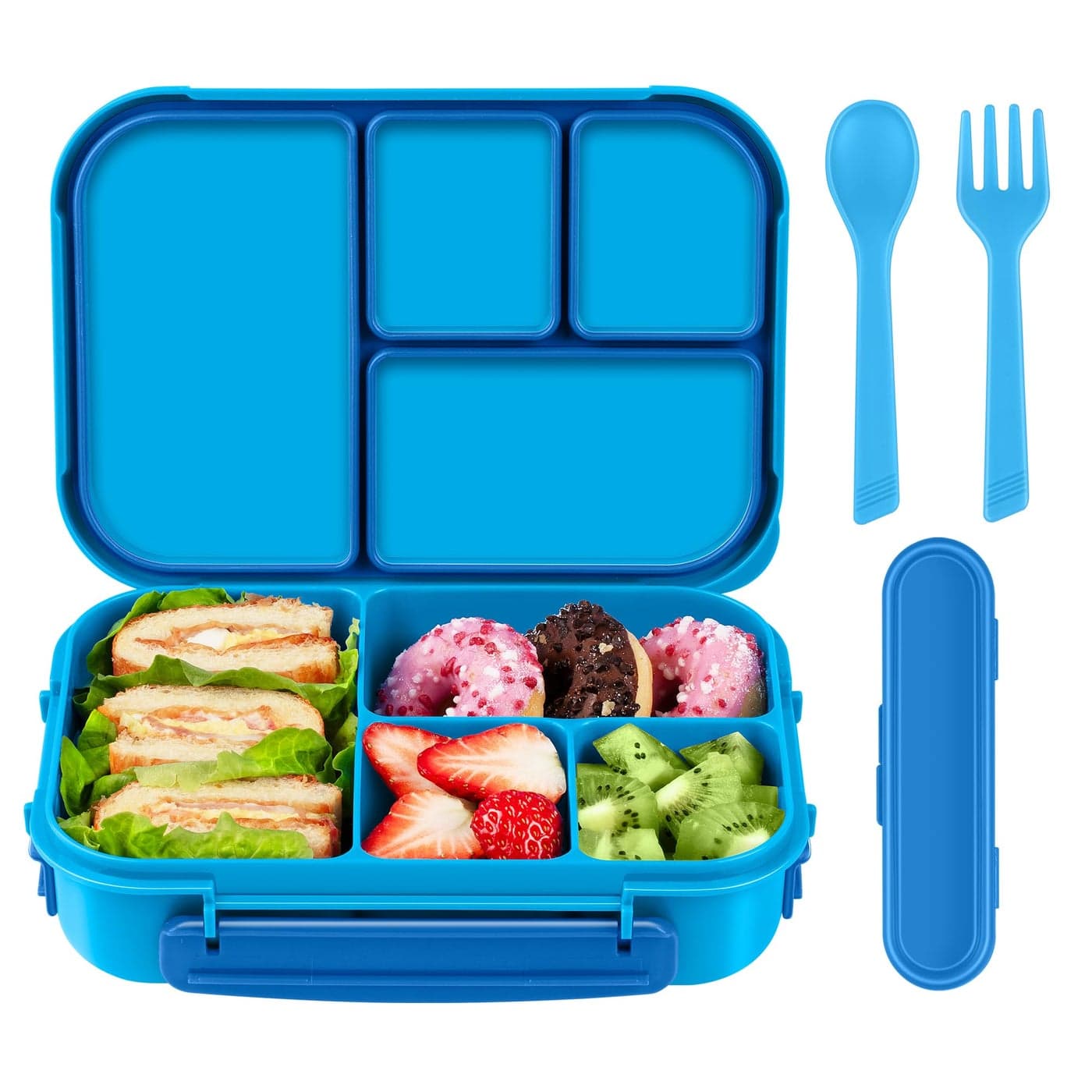 Amathley Lunch Box KidsBento Box AdultLeakproof Lunch Containers for AdultsKidsToddler1200ML4 Compartments bento Lunch box with UtensilMicrowave Dishwasher Freezer Safe Blue